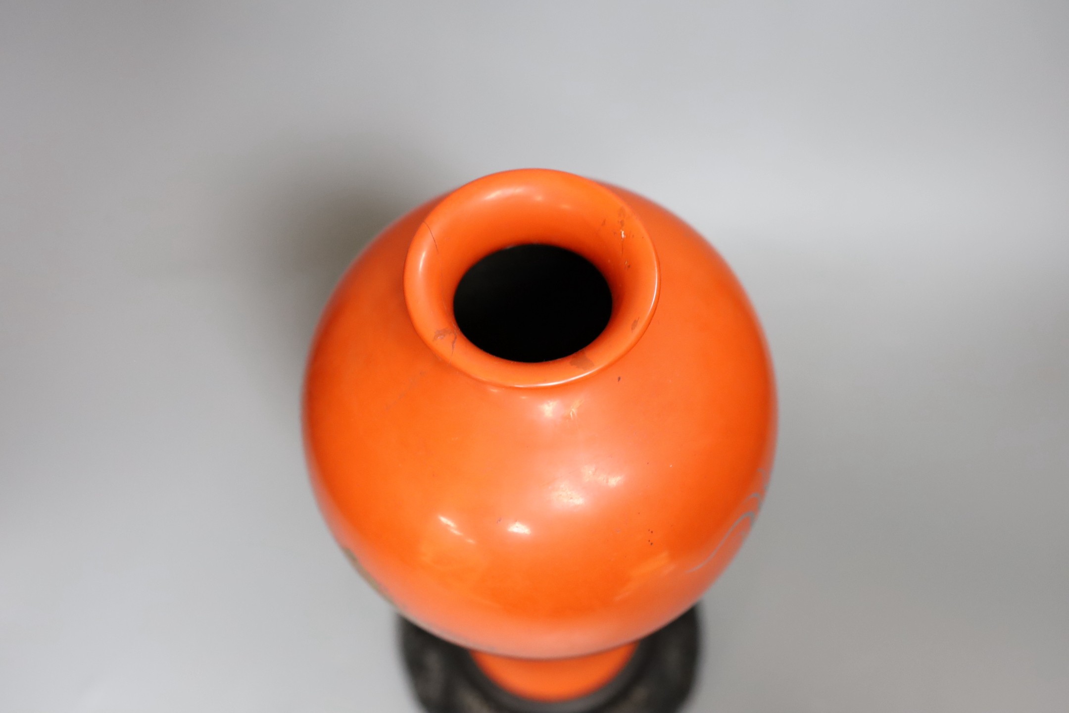 A large Chinese Fuzhou lacquer red 'dragon' vase, dated 1956, 33.5cm tall